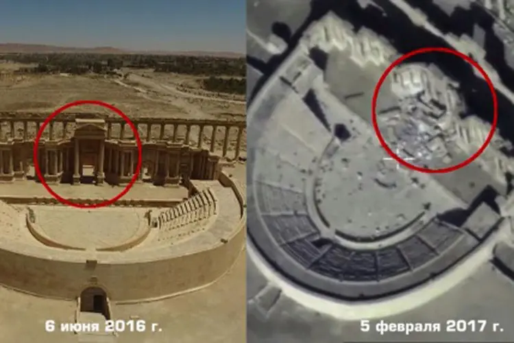 Imagens divulgadas pelo exército russo mostram novas destruições na cidade síria de Palmira  (Ministério da Defesa da Rússia/HO/AFP)