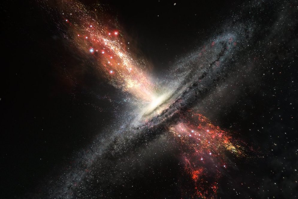 Ilustração de uma galáxia se formando a partir de um buraco negro supermassivo segundo dados do telescópia da ESO