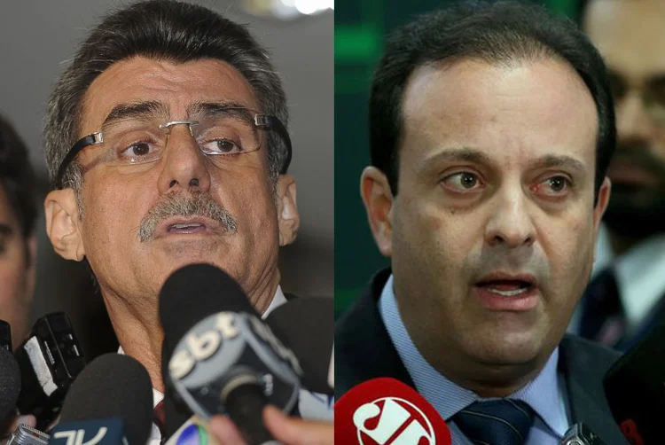 O deputado André Moura (à direita) vai exercer função que antes era de Romero Jucá (à esquerda). Este, por sua vez, foi chamado para substituir Aloysio Nunes na liderança do governo no Senado (José Cruz/Wilson Dias/Agência Brasil)