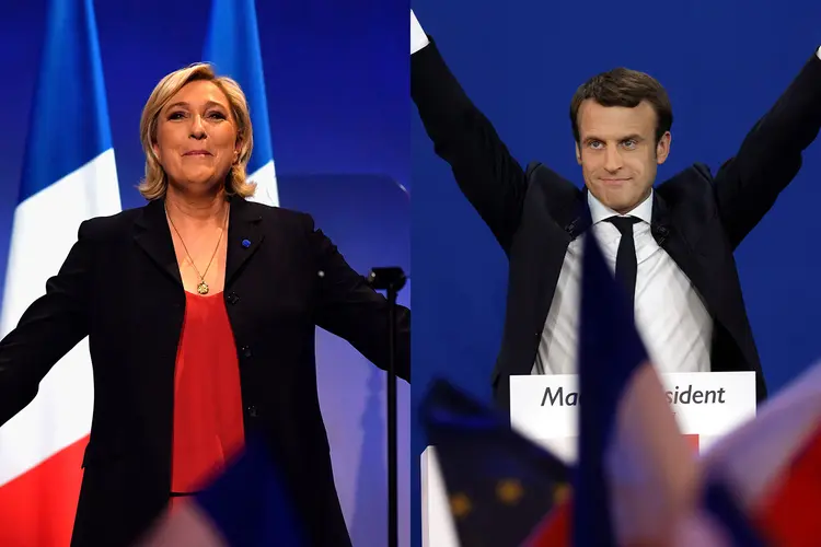 Marine Le Pen e Emmanuel Macron: candidatos realizarão comícios nesta segunda-feira, em meio a protestos do Dia do Trabalhador (Jeff J Mitchell; Sylvain Lefevre/Getty Images)