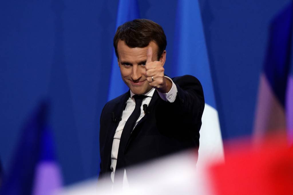 Emmanuel Macron: com 24,01% dos votos, o centrista empreende esta segunda fase da eleição presidencial como favorito frente a Le Pen, que obteve 21,30% dos votos (Sylvain Lefevre/Getty Images)