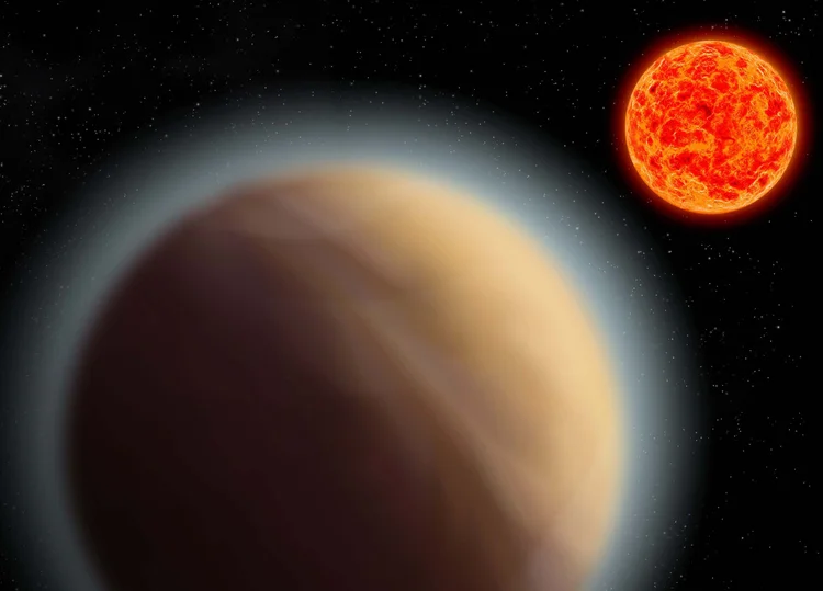 Ilustração da atmosfera do exoplaneta GJ 1132b: ele está em uma órbita próxima demais à sua estrela, uma anã-vermelha, para poder ser habitável (MPIA/Divulgação)