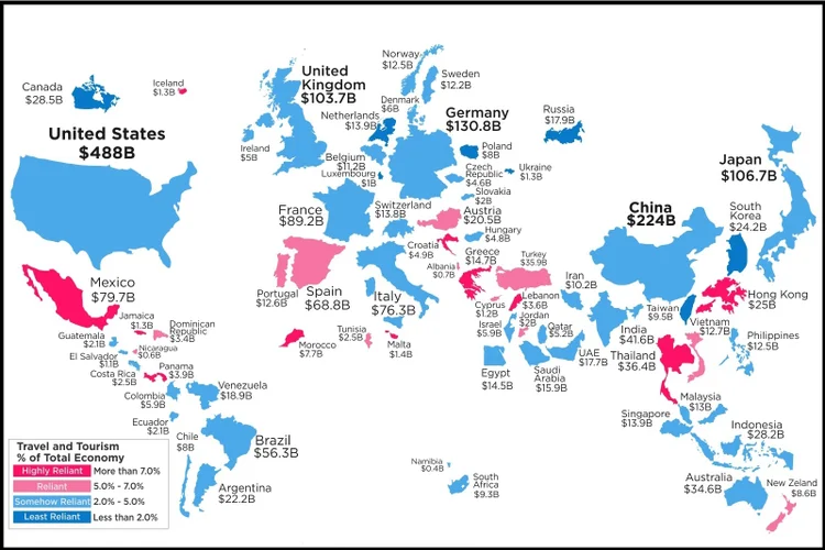 Mapa com gasto e dependência de turismo nos países do mundo (HowMuch.net/Divulgação)