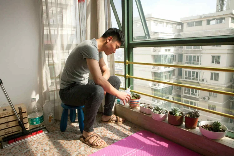 SUN HUIFENG, QUE ALUGA UM QUARTO DE SEU APTO: as plantas foram um presente da Xiaozhu, concorrente chinesa do Airbnb / Giulia Marchi/The New York Times