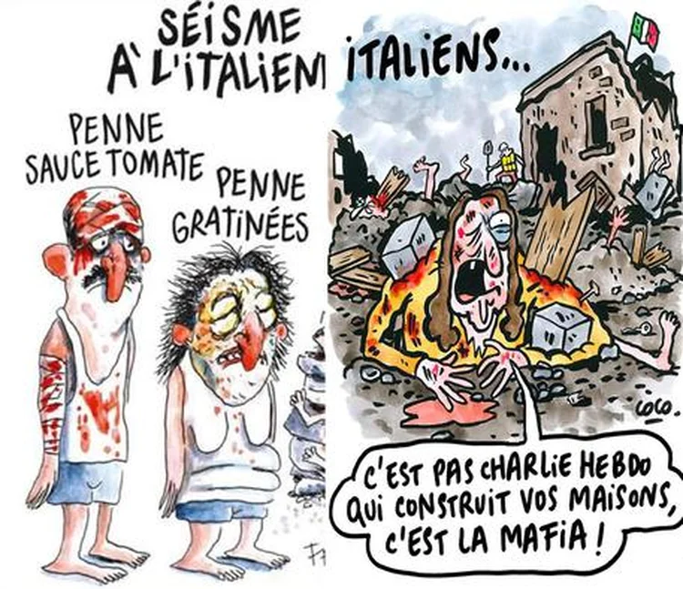 CHARGE DO CHARLIE HEBDO: a cidade italiana de Amatrice não gostou nada do ser retratada no diário francês  / Reprodução