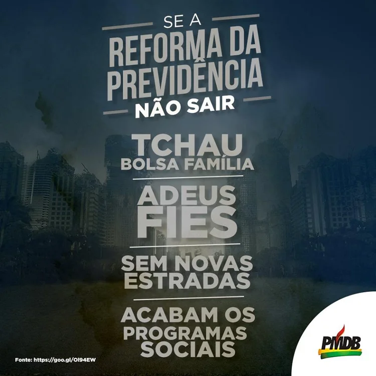 PMDB: partido colocou nas redes sociais uma imagem dizendo que programas sociais seriam extintos sem a reforma da Previdência / divulgação