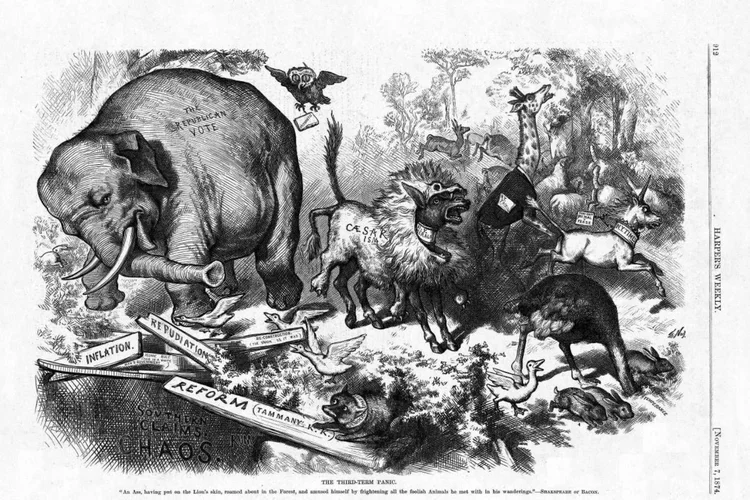 PARTIDO DO ELEFANTE:  cartum do artista Thomas Nast, que consagrou os símbolos de republicanos e democratas, em 1874 / Harper’s Weekly/Reprodução