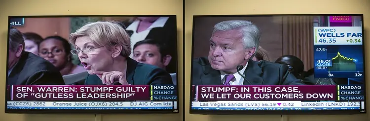 Nas imagens, a senadora Elizabeth Warren questiona John Stumpf, diretor-executivo do Wells Fargo, em uma audiência em setembro, nos EUA / Gabriella Demczuk/The New York Times