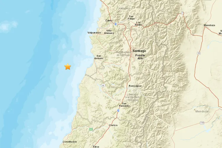 Terremoto: epicentro foi situado a 38 quilômetros ao noroeste de Navidad e a 161 quilômetros de Santiago (USGS/Reprodução)