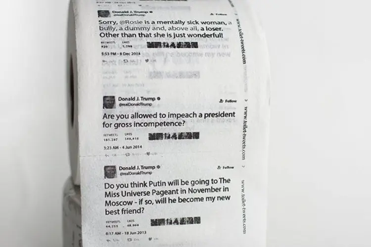 Papel higiênico com tuítes de Trump: o sucesso foi tanto que o papel higiênico está esgotado e uma nova leva só será entregue a partir do próximo dia 15 de agosto (Toilet Tweets/Divulgação)