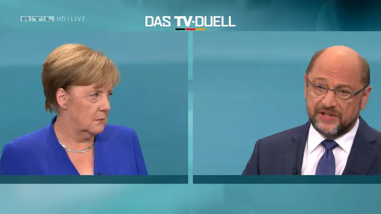 Debate entre Angela Merkel e Martin Schulz: Social-democratas estão atrás dos conservadores da chanceler (Mediengruppe RTL Deutschland (MG RTL D)/via Reuters/Reuters)