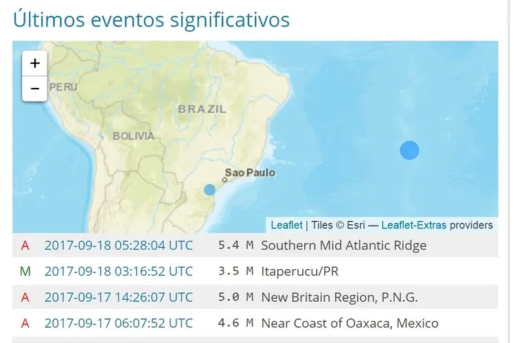 Tremores registrados no Paraná pelo centro de sismologia da USP (Centro de Sismologia da USP/Reprodução)