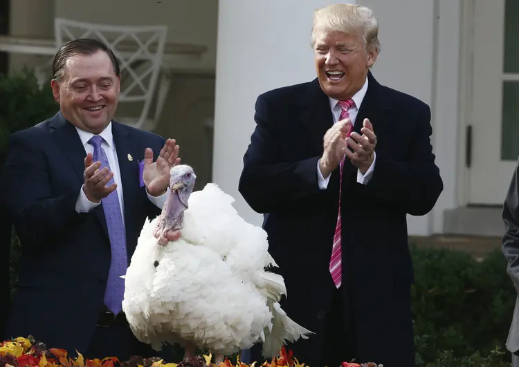 Trump: as duas aves "posaram" para fotos dos jornalistas na Casa Branca antes do perdão (Jim Bourg/Reuters)