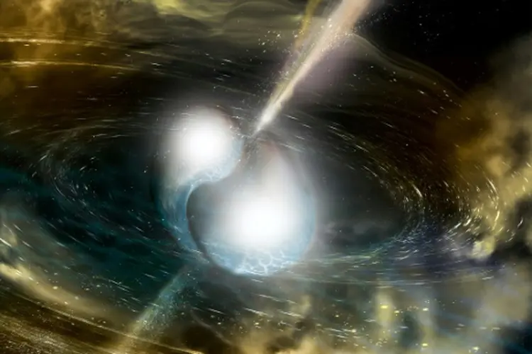 Imagem publicada pela National Science Foundation ilustrando a fusão de duas estrelas de neutrons (National Science Foundation/AFP)