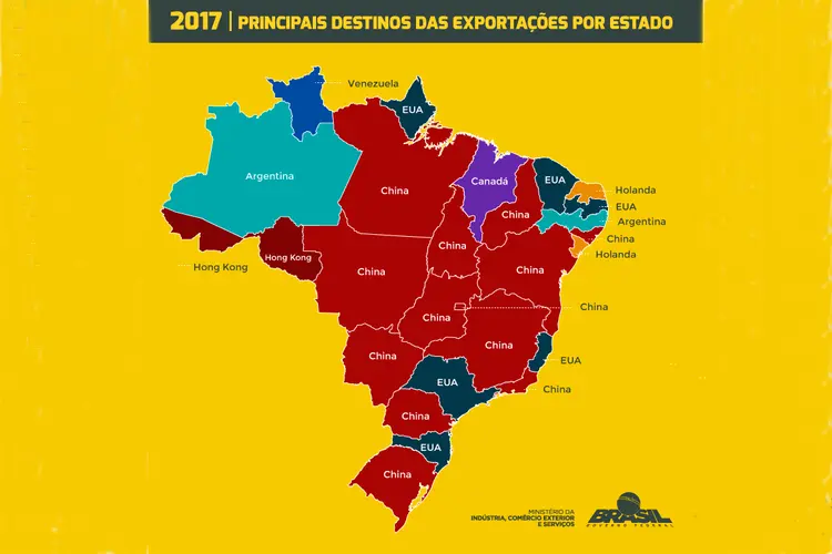 Mapa do principal destino das exportações brasileiras por estado (MDIC/Divulgação)