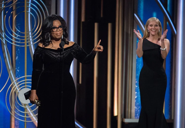 OPRAH WINFREY DURANTE DISCURSO NO GLOBO DE OURO:  aplaudida de pé, ela ganhou tração para possível corrida presidencial (HFPA/ Image group/Divulgação)