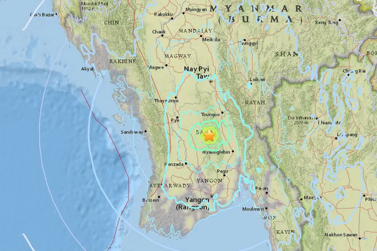 Terremoto em Mianmar: o sismo foi seguido de duas réplicas de magnitude 5,3, e outra de 5,2 (USGS/Reprodução)