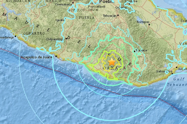 Terremoto: a rede sísmica Sky Alert destacou que o terremoto também foi sentido nos estados de Guerrero, Oaxaca e Puebla (USGS/Reprodução)