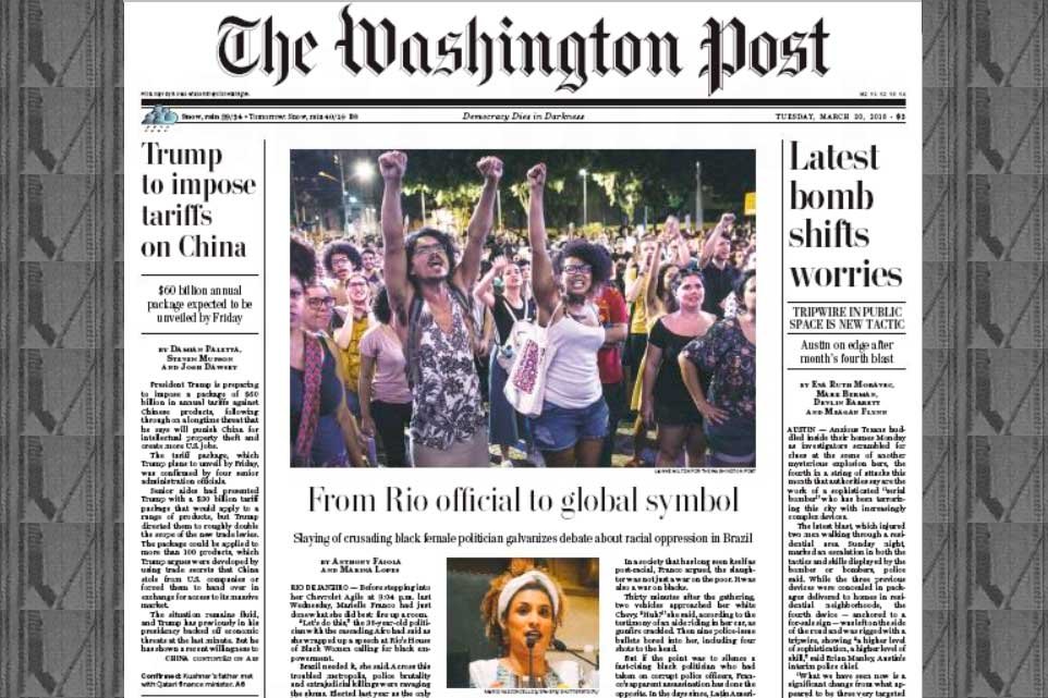 Marielle Franco vira capa do Washington Post