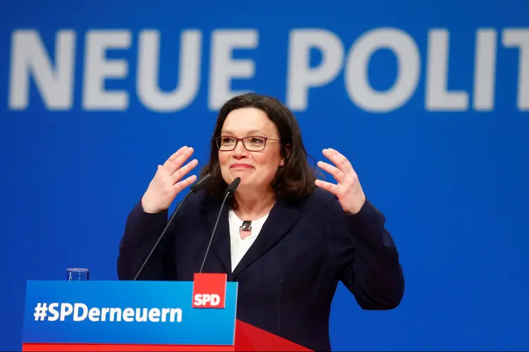 Andrea Nahles, a nova presidente do Partido Social Democrata da Alemanha (Ralph Orlowski/Reuters)