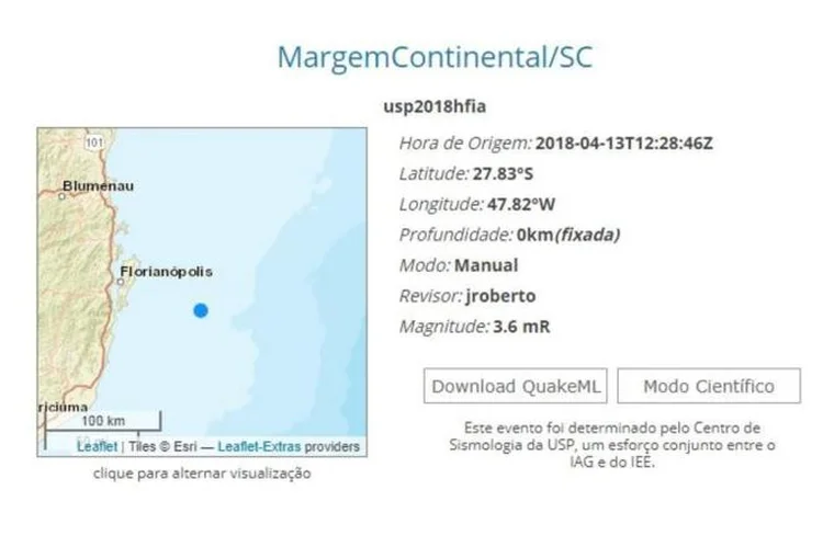 Terremoto: moradores do litoral catarinense foram surpreendidos na manhã desta sexta-feira, 13, com um tremor de terra que alcançou 3,6 pontos na escala Richter (Centro de Sismologia da USP/Reprodução)