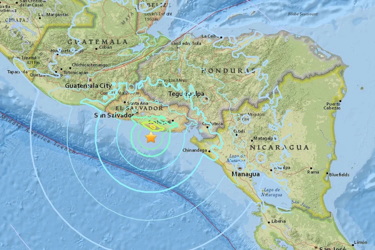 Movimento sísmico aconteceu 38 quilômetros ao sul da foz do rio Lempa, no departamento de San Vicente às 17h23 (horário local, 20h23 de Brasília) (USGS/Reprodução)