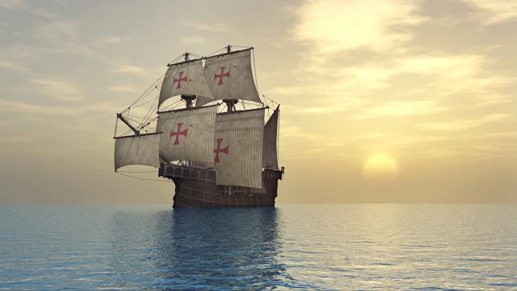 Caravela portuguesa navega no mar em 1500, em reconstituição (MR1805/Thinkstock)