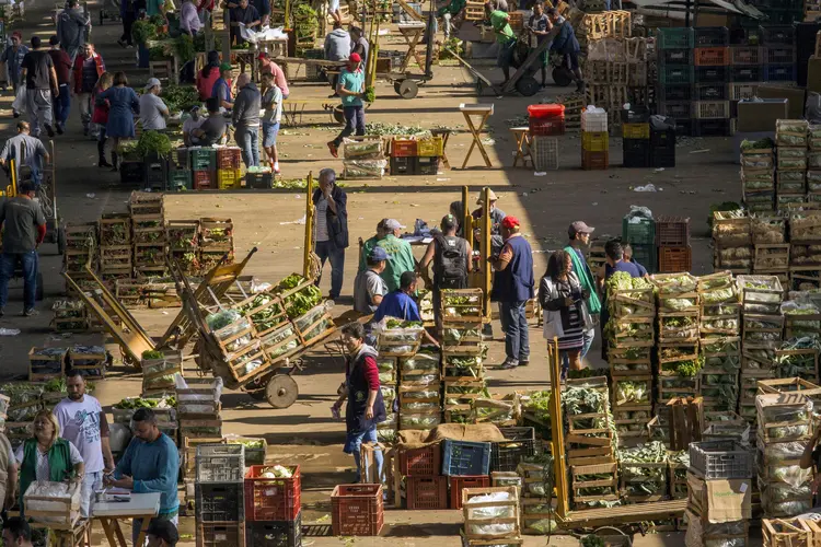 Vendedores com vegetais na Ceagesp no último dia 24 de maio (Rodrigo Capote/Bloomberg)