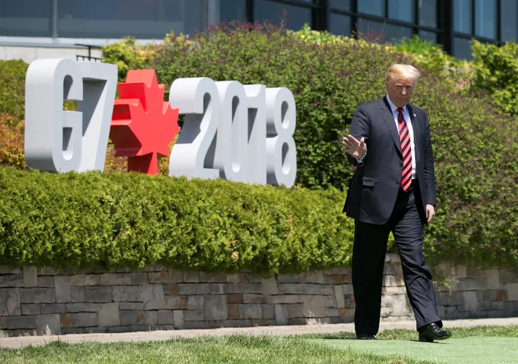 Presidente dos Estados Unidos, Donald Trump, durante a cúpula do G7 no Canadá: Trump disse que sugeriu aos outros líderes do G7 que todas as barreiras comerciais, incluindo tarifas e subsídios, sejam eliminadas (Christinne Muschi/Reuters)