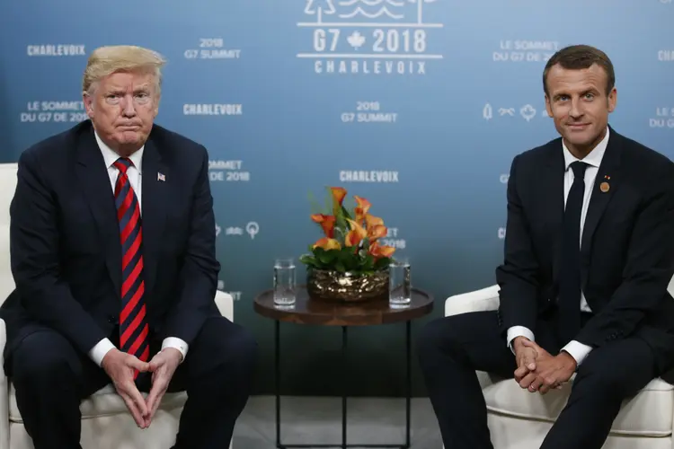 Trump e Macron: presidente americano lembrou que os EUA têm um "grande défcit comercial", mas disse que líderes estão "trabalhando em uma solução" (Leah Millis/Reuters)