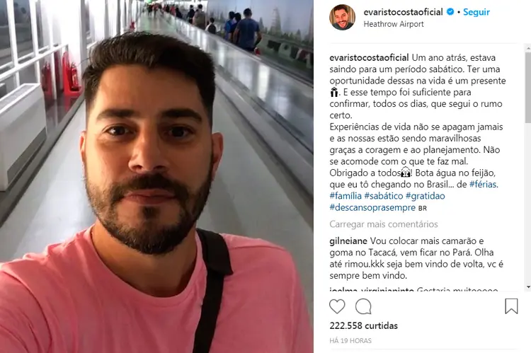 Evaristo Costa no Instagram: "ter uma oportunidade dessas na vida é um presente" (Instagram/Reprodução)