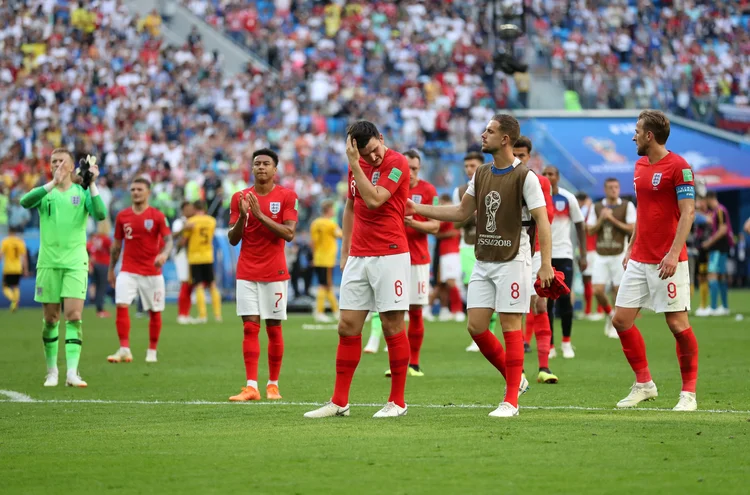 SAINT PETERSBURG, RUSSIA - JULY 14: Harry McGuire and Jordan Henderson of England stand dejected with their team mates after the 2018 FIFA World Cup Russia 3rd Place Playoff match between Belgium and England at Saint Petersburg Stadium on July 14, 2018 in Saint Petersburg, Russia. (Photo by Catherine Ivill/Getty Images) (Catherine Ivill/Getty Images)