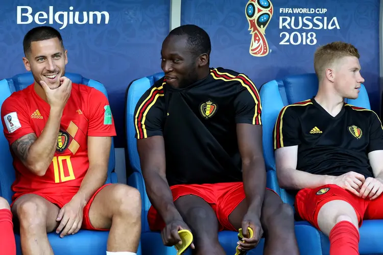 O trio de craques belgas: Kevin De Bruyne, .	Eden Hazard e Romelu Lukaku (Kevin C. Cox/Getty Images)
