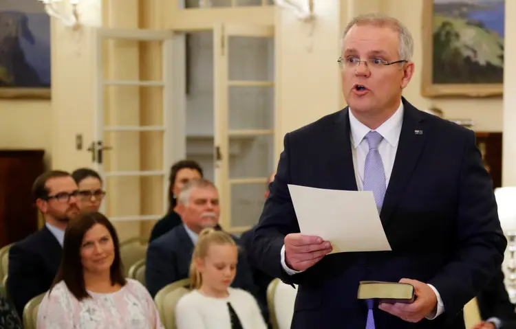 Scott Morrison: o novo primeiro-ministro da Austrália discursa em cerimônia. 24 de agosto de 2018 Foto: REUTERS/David Gray (David Gray/Reuters)