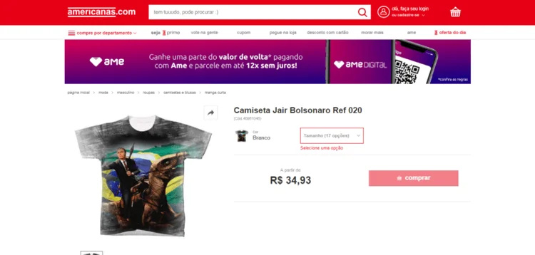 Camiseta pró-Bolsonaro vendida no site Americanas.com (Foto/Reprodução)