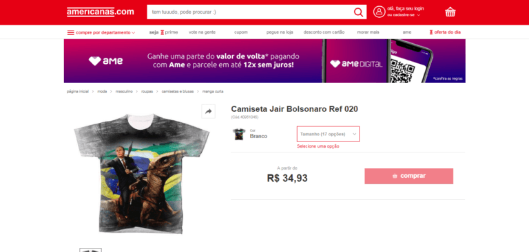 Lojas Americanas vendem camisetas pró-Bolsonaro e anti-Lula