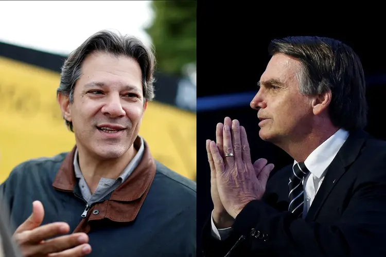 Fernando Haddad (PT) e Jair Bolsonaro (PSL): com o primeiro, ganha empresas exporadoras. O segundo, empresas de armas, agronegócio e estatais (Montagem/Exame)
