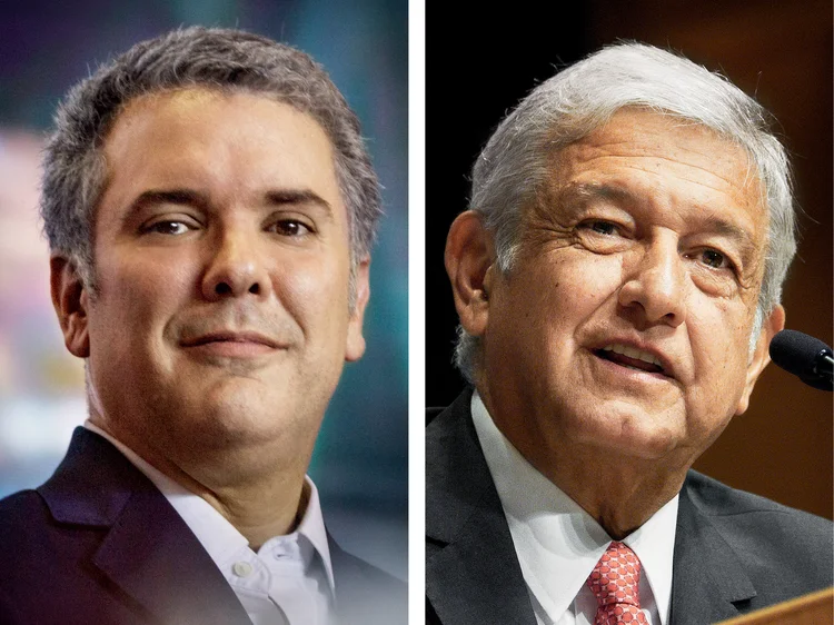 Iván Duque, novo presidente da Colômbia, de centro-direita, e Andrés Manuel López Obrador, presidente eleito no México, de centro-esquerda: em cada um dosdois países, os candidatos vencedores tiveram de ganhar a confiança de um eleitorado cansado dos políticos tradicionais envolvidos em escândalos de corrupção | Daniel Garzon Herazo/Getty Images e T.J. Kirkpatrick/Getty Images / 