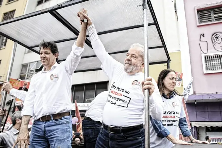 Haddad e Lula: o PT realiza nesta segunda um ato da campanha de Luiz Marinho ao governo do Estado no Teatro Tuca (PT/Reprodução)