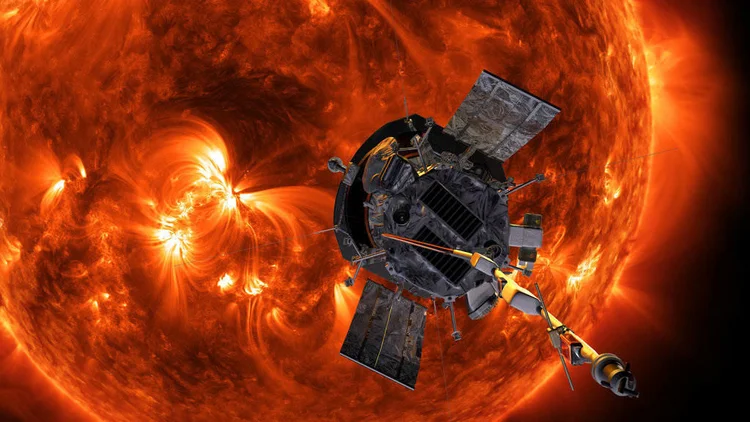 Sonda Parker Solar Probe em simulação da NASA durante uma de suas aproximações ao Sol. A missão busca desvendar os mistérios da heliosfera. (Steve Gribben/NASA/Johns Hopkins APL/Divulgação)