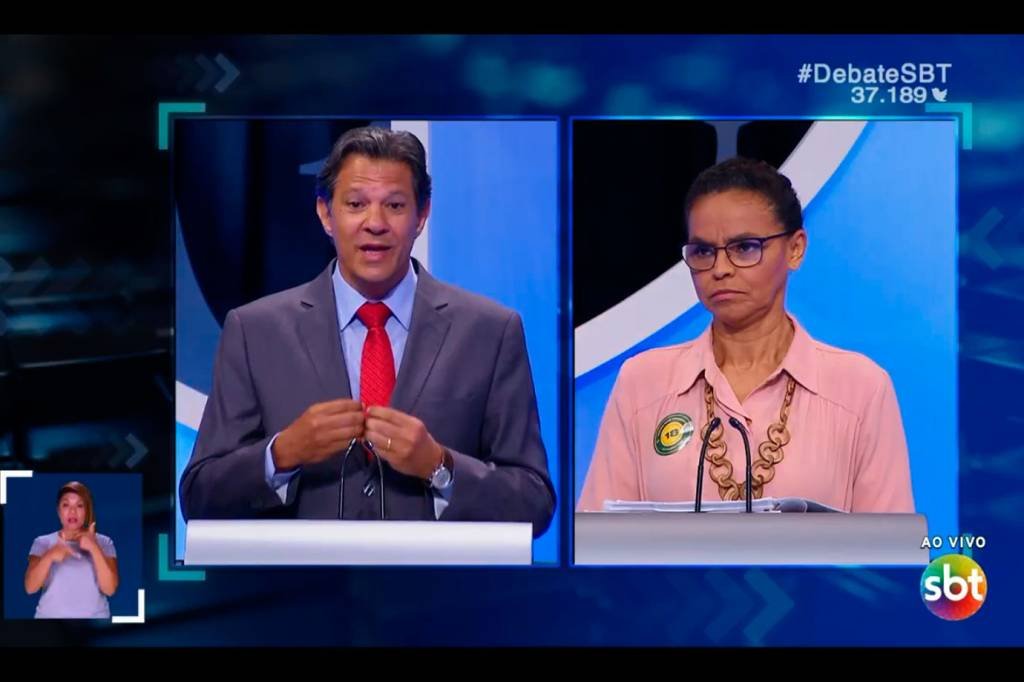 Debate: Haddad e Marina se confrontam (SBT Live/Reprodução)