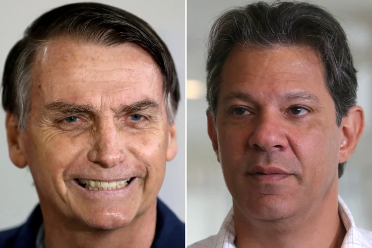 Bolsonaro e Haddad: se eleito, o candidato do PSL teria apoio de 191 parlamentares. O do PT, 169 (Ricardo Moraes/Amanda Perobelli/Reuters)