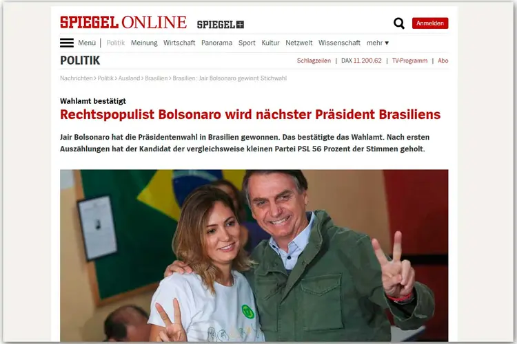 Site da revista alemã Spiegel: vitória de Bolsonaro em destaque (Reprodução/Exame)