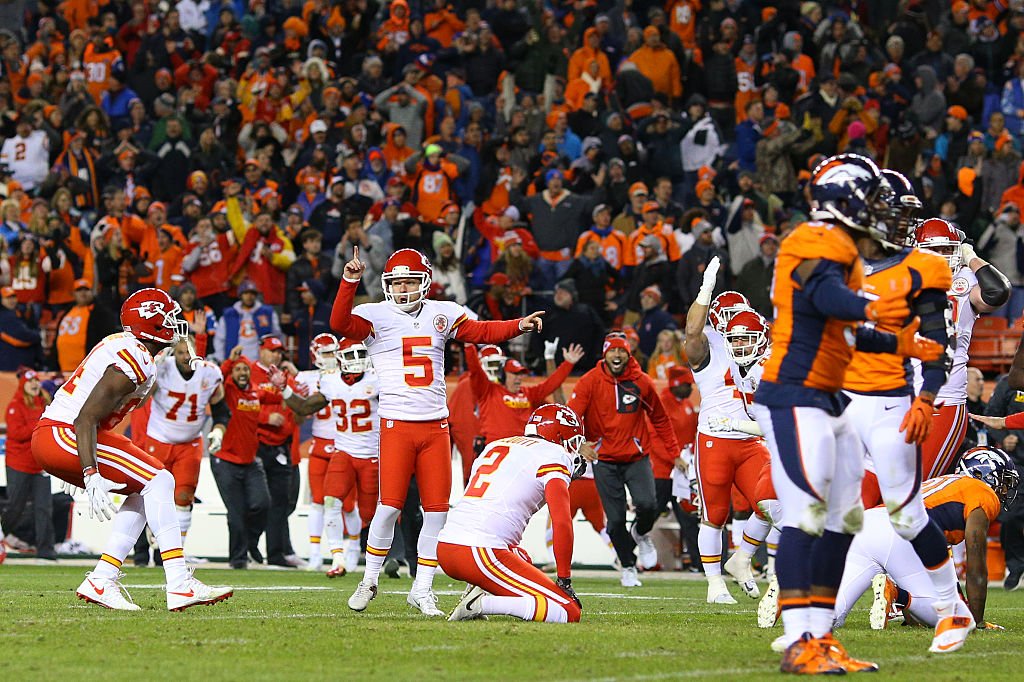 DENVER, CO - NOVEMBER 27: Kicker Cairo Santos #5 of the Kansas City Chiefs celebrates after making the game-winning field goal in overtime against the Denver Broncos at Sports Authority Field at Mile High on November 27, 2016 in Denver, Colorado. (Photo by Justin Edmonds/Getty Images)