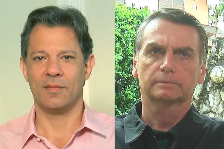 Os candidatos Fernando Haddad (PT) e Jair Bolsonaro (PSL), que têm propostas diferentes para combater a criminalidade (Montagem/Reprodução)
