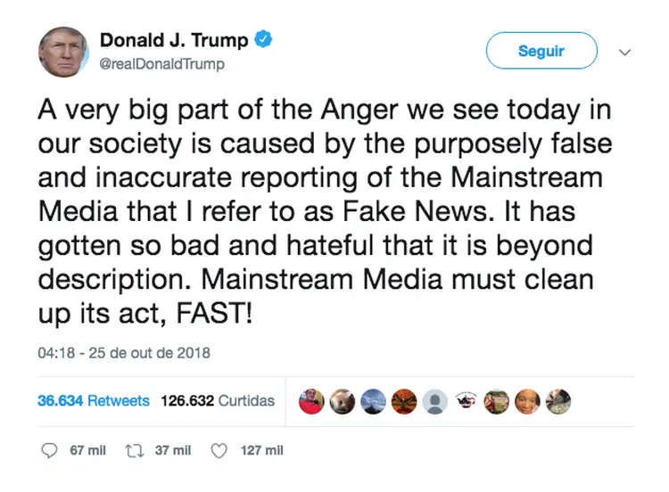 Trump acusa mídia pelo Twitter: "A mídia tradicional deve limpar seu atos, rápido!”, escreveu o presidente americano (Twitter/Reprodução)