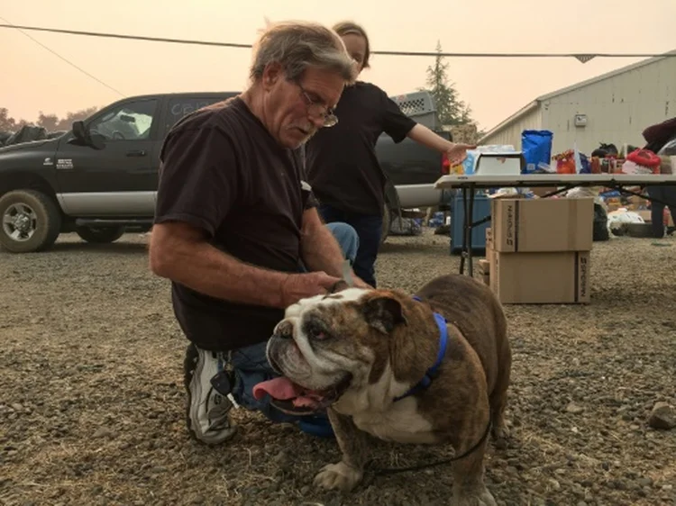 Steve Cox com seu buldogue Ernie. Foto: AFP / Javier TOVAR (Javier TOVAR/AFP)