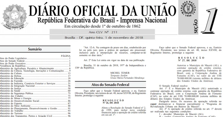 Diário Oficial da União: valores e termos de pagamento para leitura durante a manhã serão estabelecidos em até 180 dias (Site da Imprensa Nacional/Reprodução)