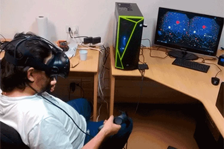 Realidade virtual: Sistema implementado na USP combina simulações computacionais de dinâmicas atômicas e moleculares com softwares criados para gerar cenários de videogames. Iniciativa pode favorecer o design de nanomateriais (Laboratório Sampa / IFUSP/Reprodução)