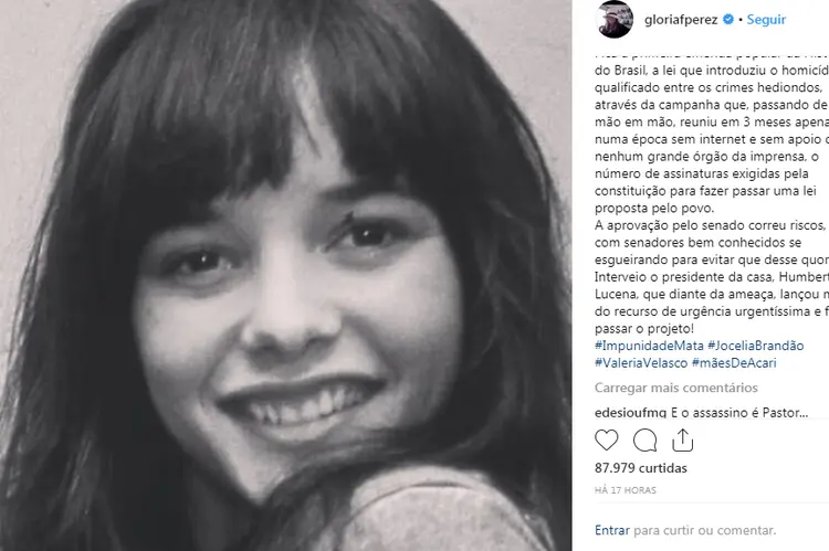 Post de Instagram de Gloria Perez falando sobre aniversário de morte da filha Daniella Perez (Instagram/Reprodução)